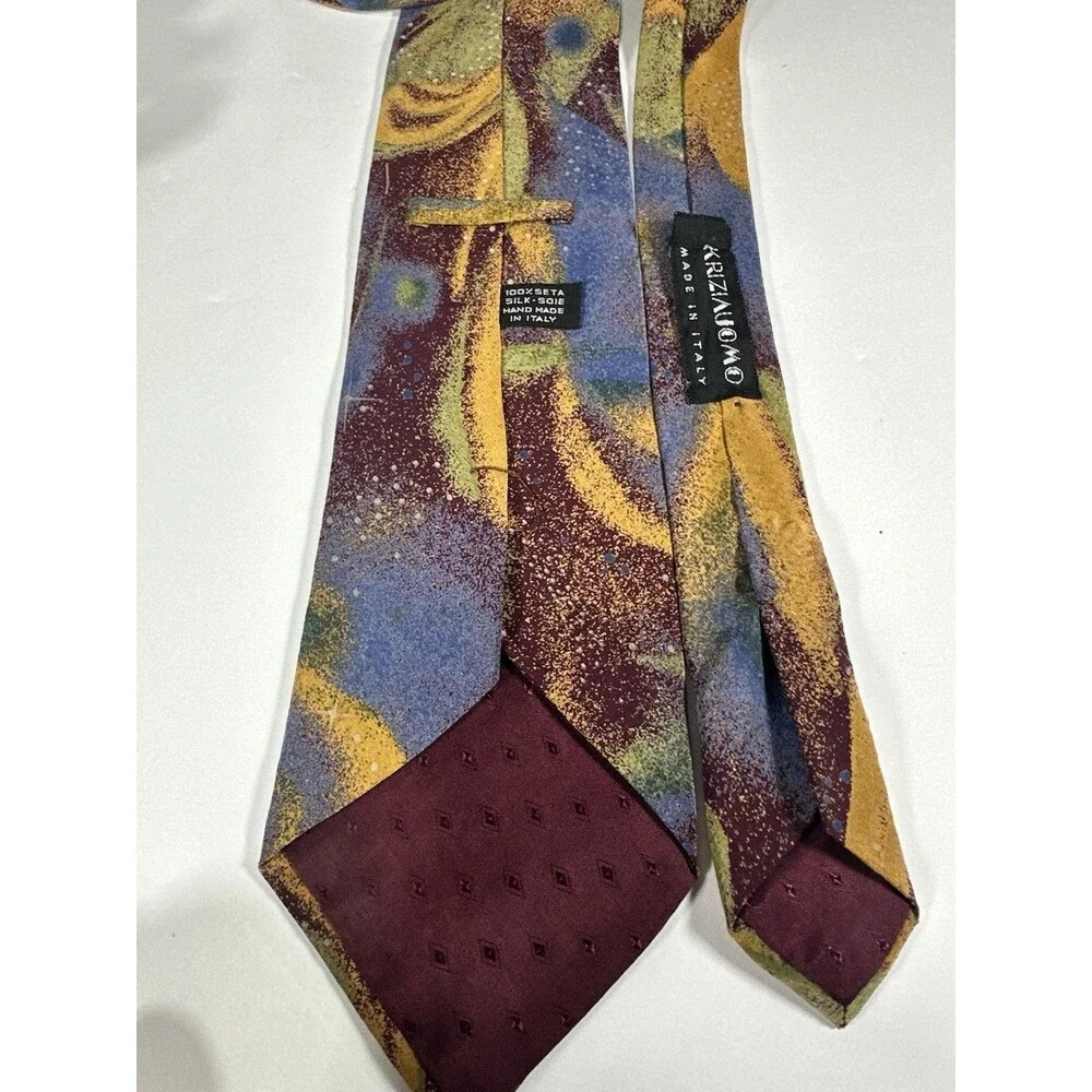 Krizia Uomo Italy Silk Tie Abstract Celestial Galaxy Print Purple Gold Blue MCM